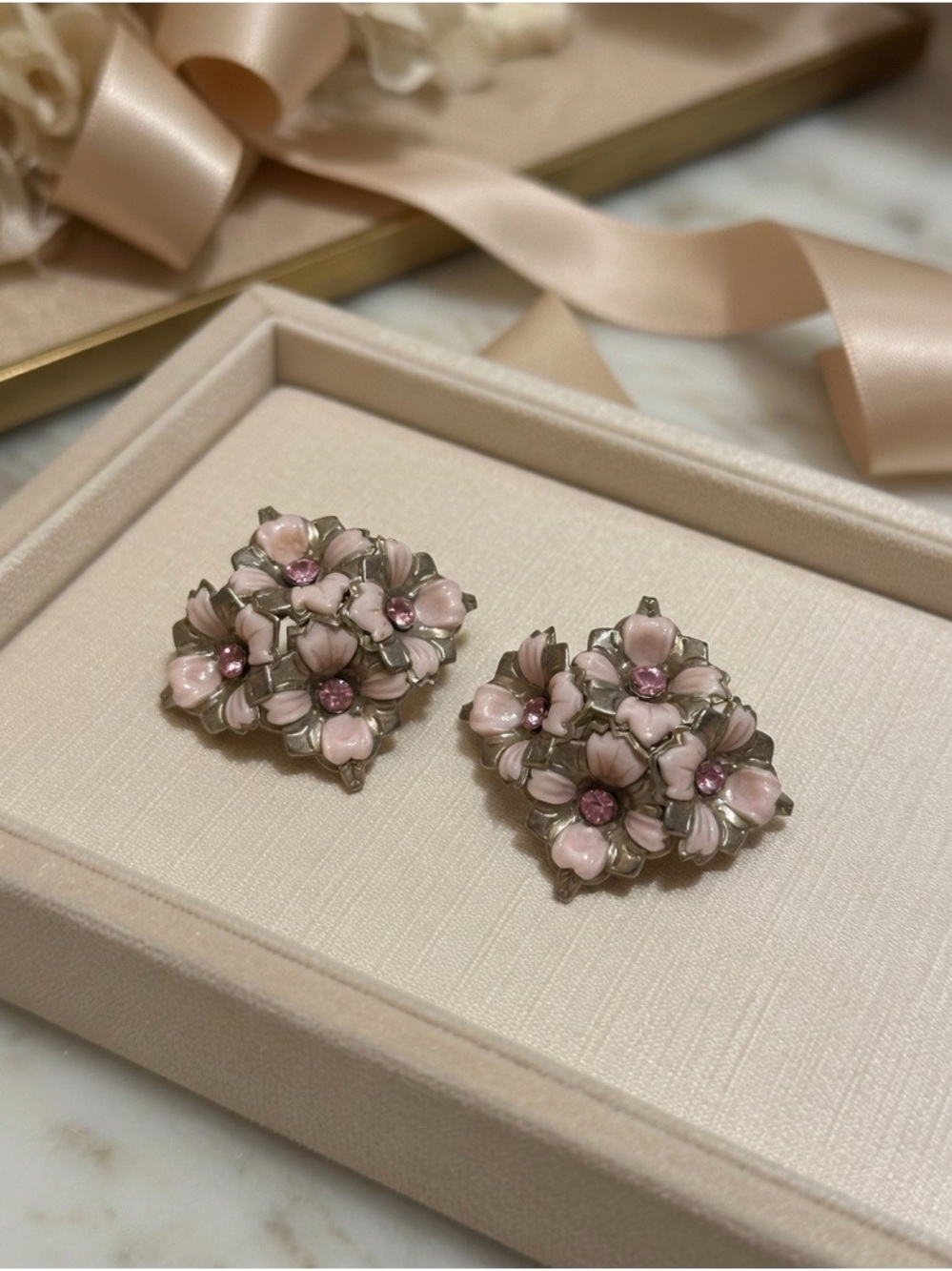 Vintage 1950s Pink Flower Cluster Clip On Earrings Rhinestone Floral Mid Century